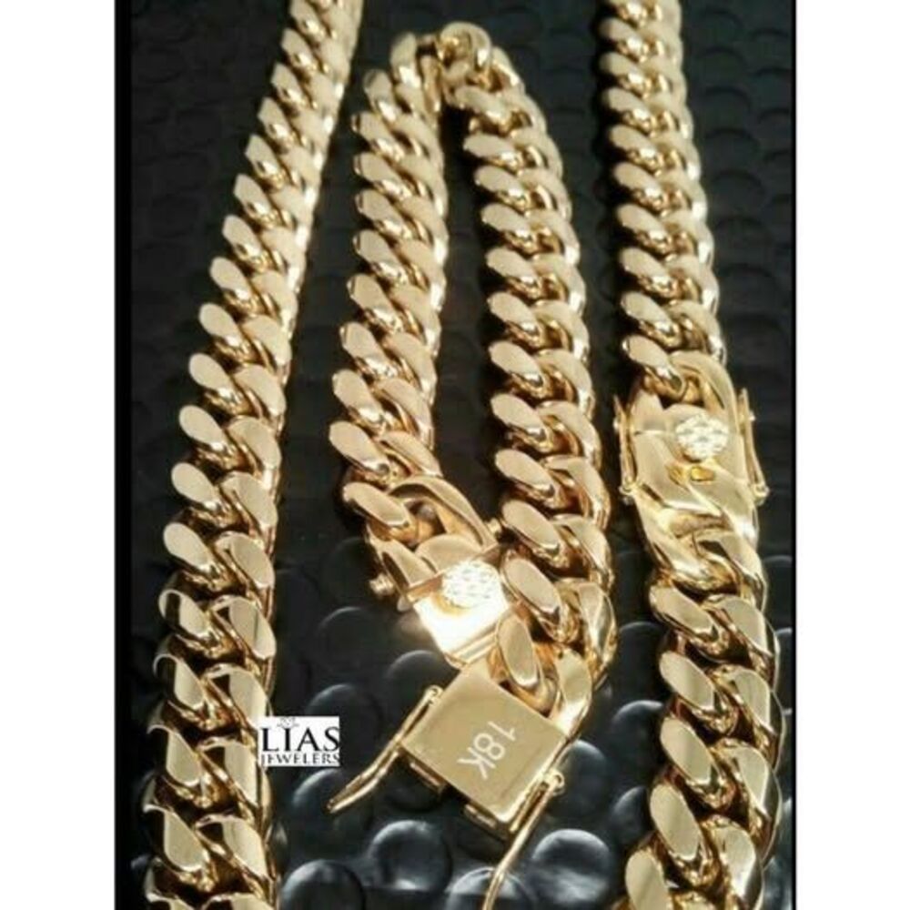 New 18k yellow gold filled Cuban link chain and bracelet set
